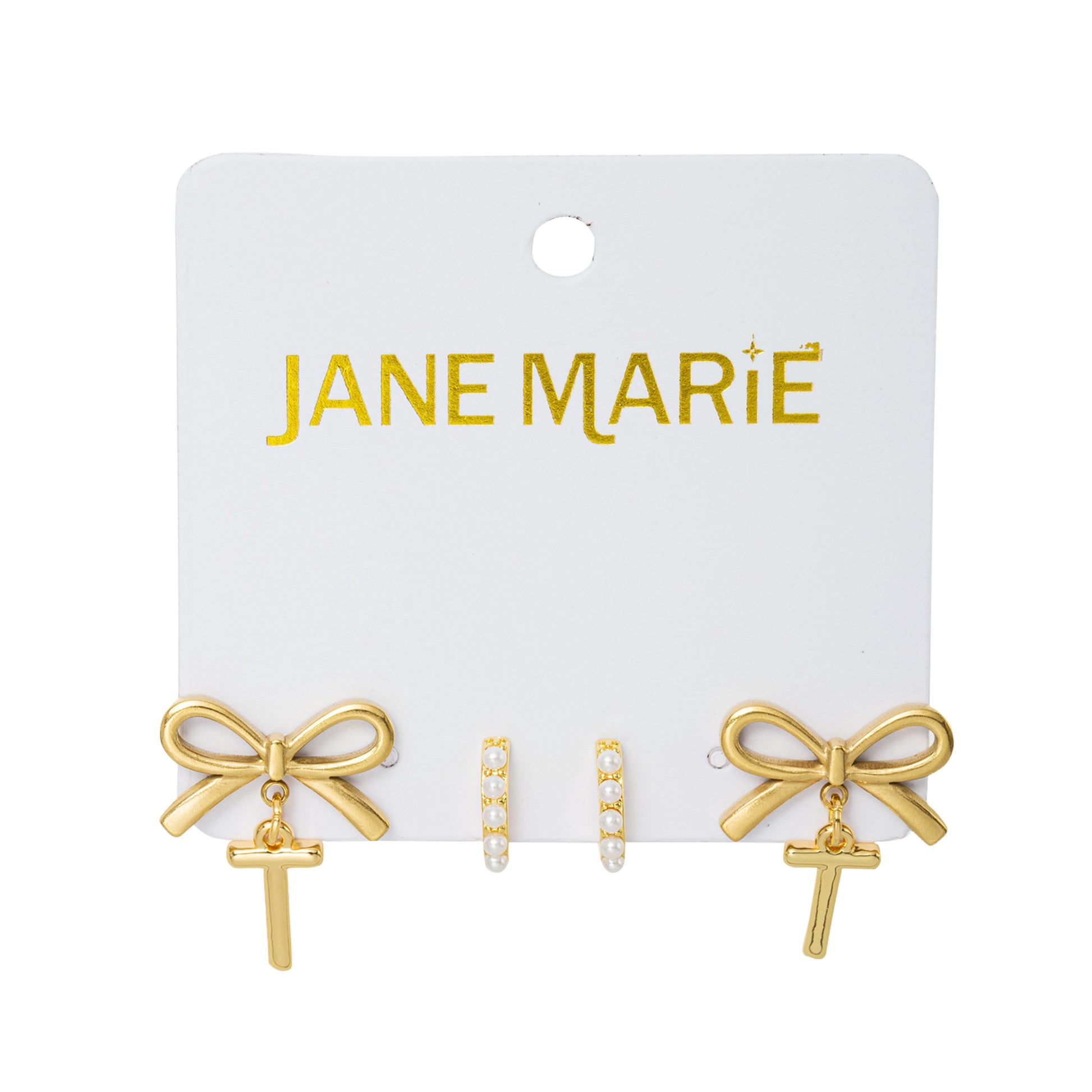 18K Gold Plated Set of 2, Pearl Huggie and Gold Bow & Initial "T" Earring