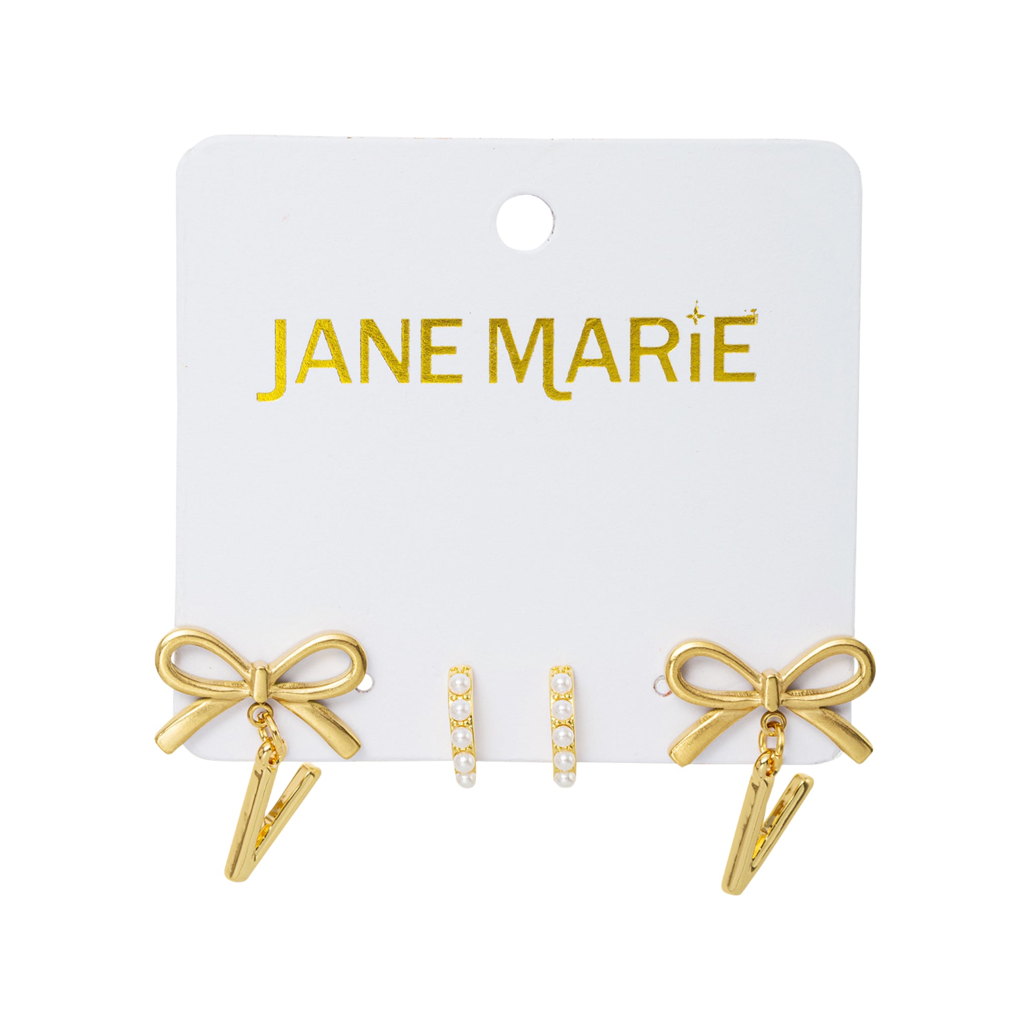 18K Gold Plated Set of 2, Pearl Huggie and Gold Bow & Initial "V" Earring