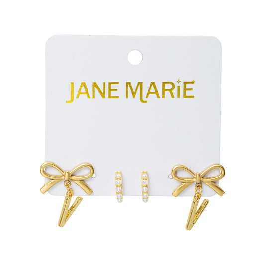 18K Gold Plated Set of 2, Pearl Huggie and Gold Bow & Initial "V" Earring
