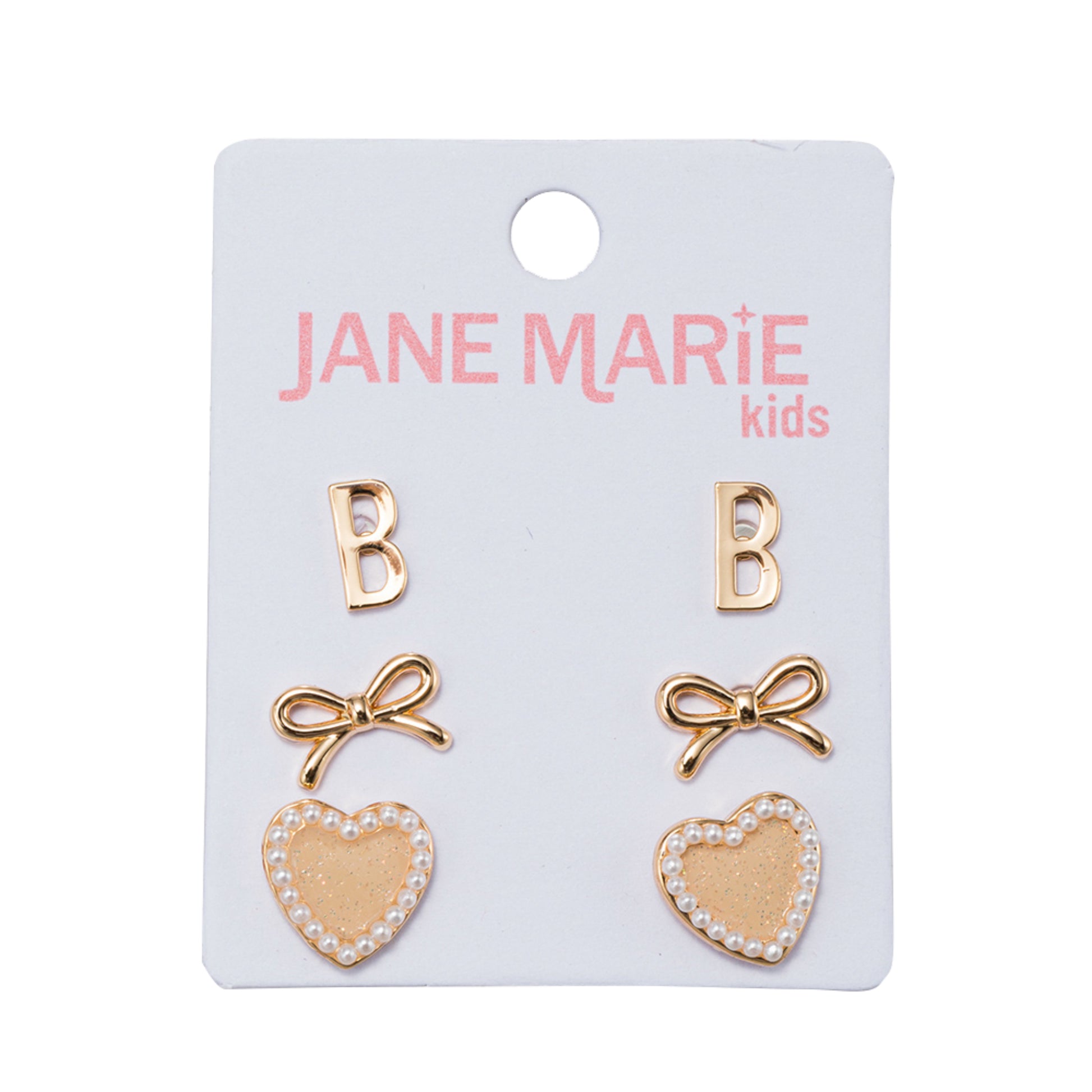 Kids Set of 3 Stud Set, Initial "B", Bow, Glitter Heart with Pearl Edges Earring