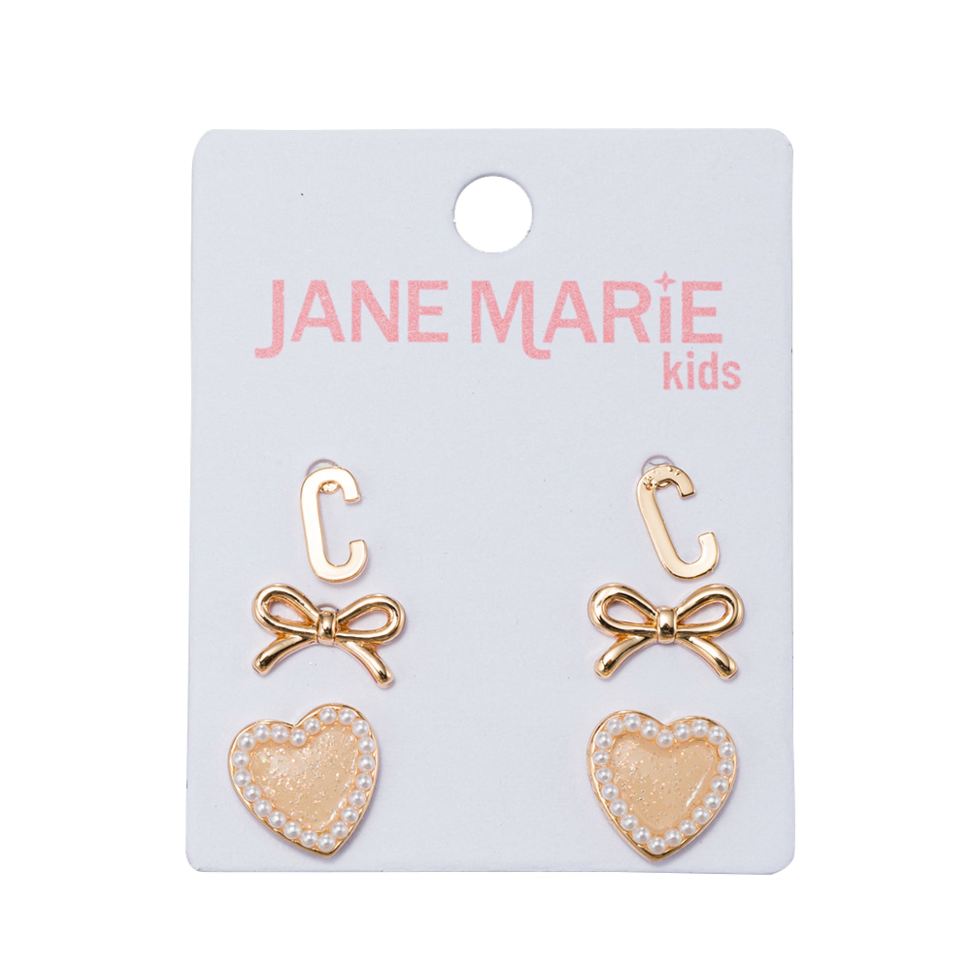 Kids Set of 3 Stud Set, Initial "C", Bow, Glitter Heart with Pearl Edges Earring