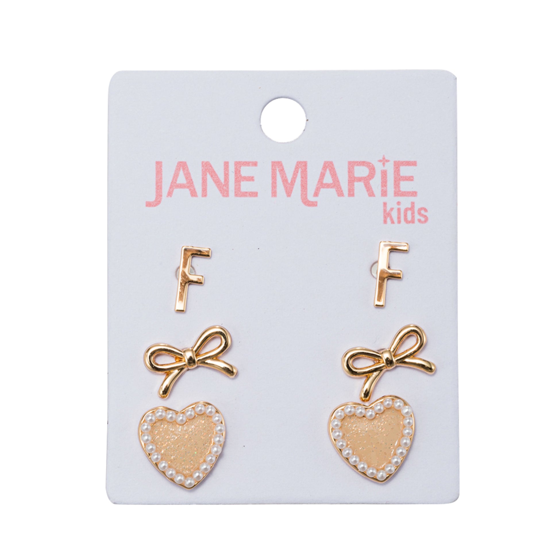 Kids Set of 3 Stud Set, Initial "F", Bow, Glitter Heart with Pearl Edges Earring