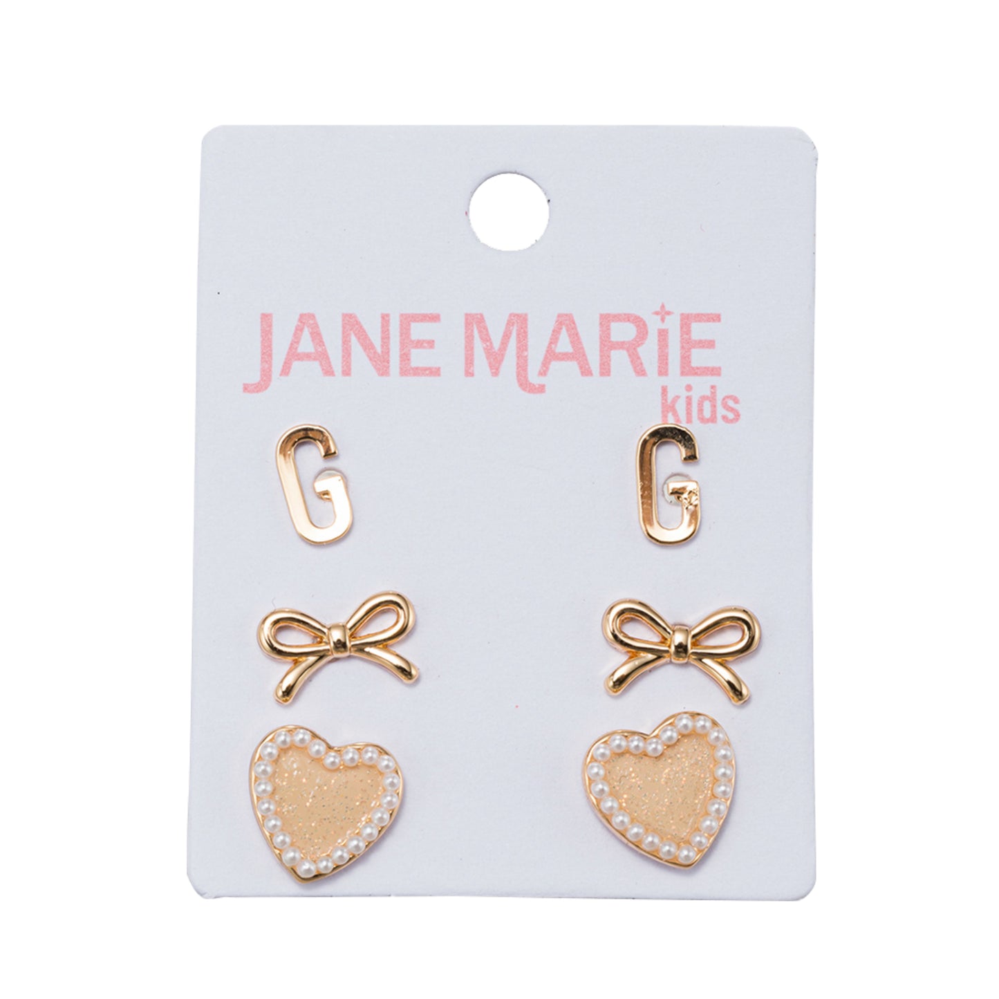 Kids Set of 3 Stud Set, Initial "G", Bow, Glitter Heart with Pearl Edges Earring