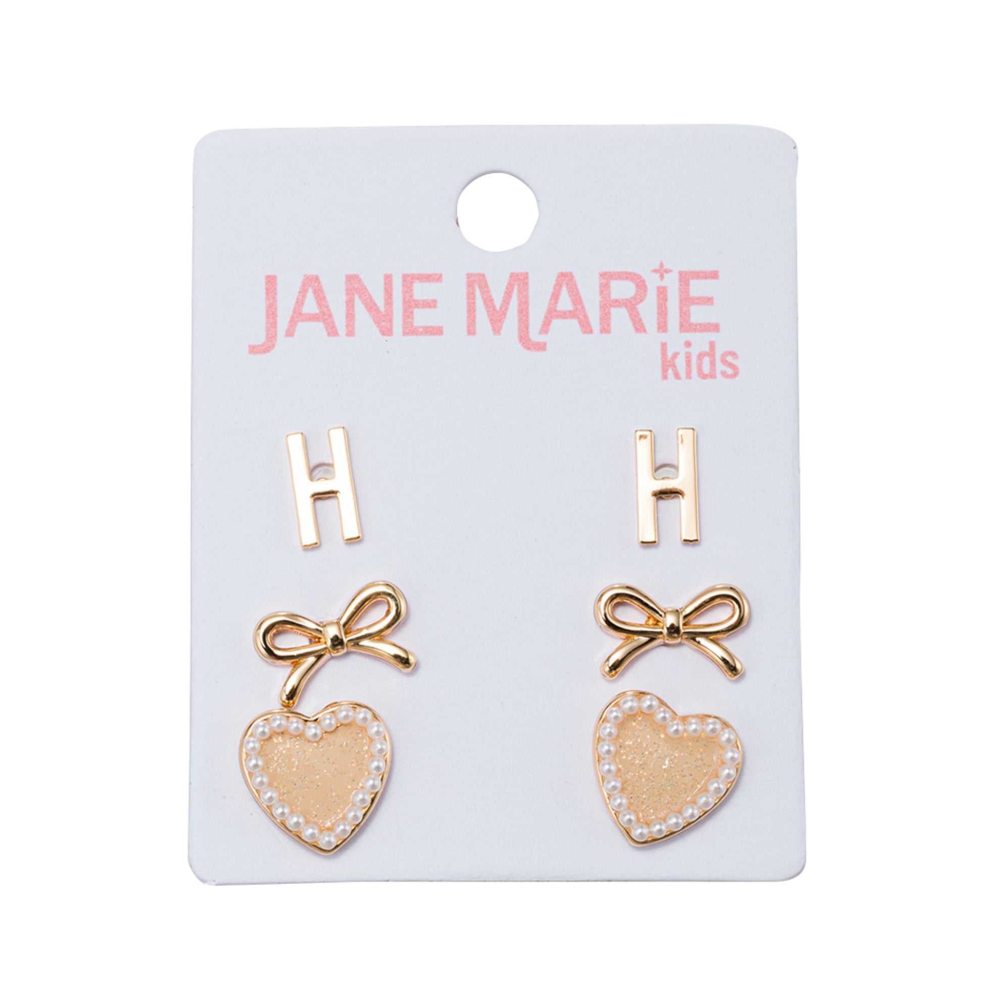 Kids Set of 3 Stud Set, Initial "H", Bow, Glitter Heart with Pearl Edges Earring