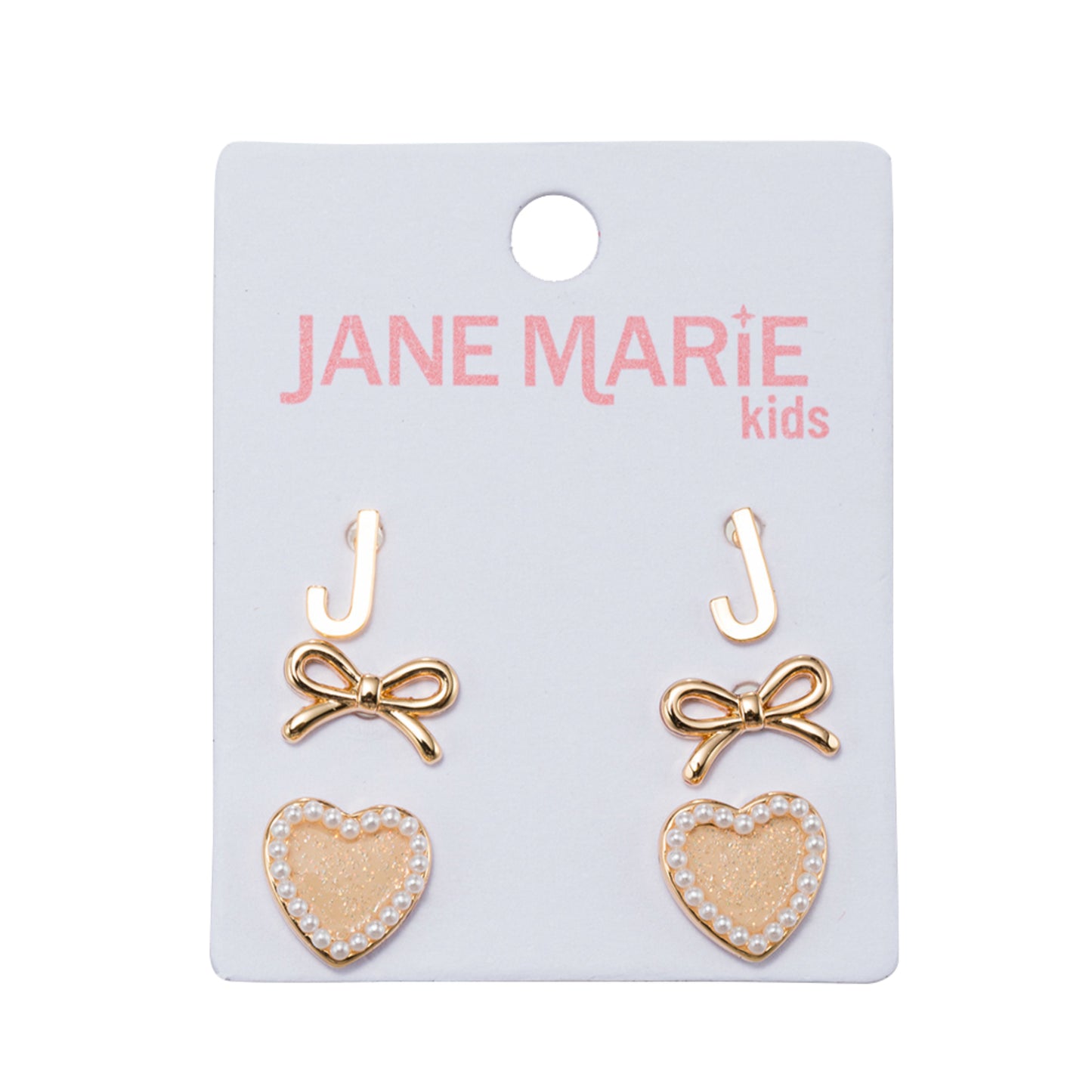 Kids Set of 3 Stud Set, Initial "J", Bow, Glitter Heart with Pearl Edges Earring