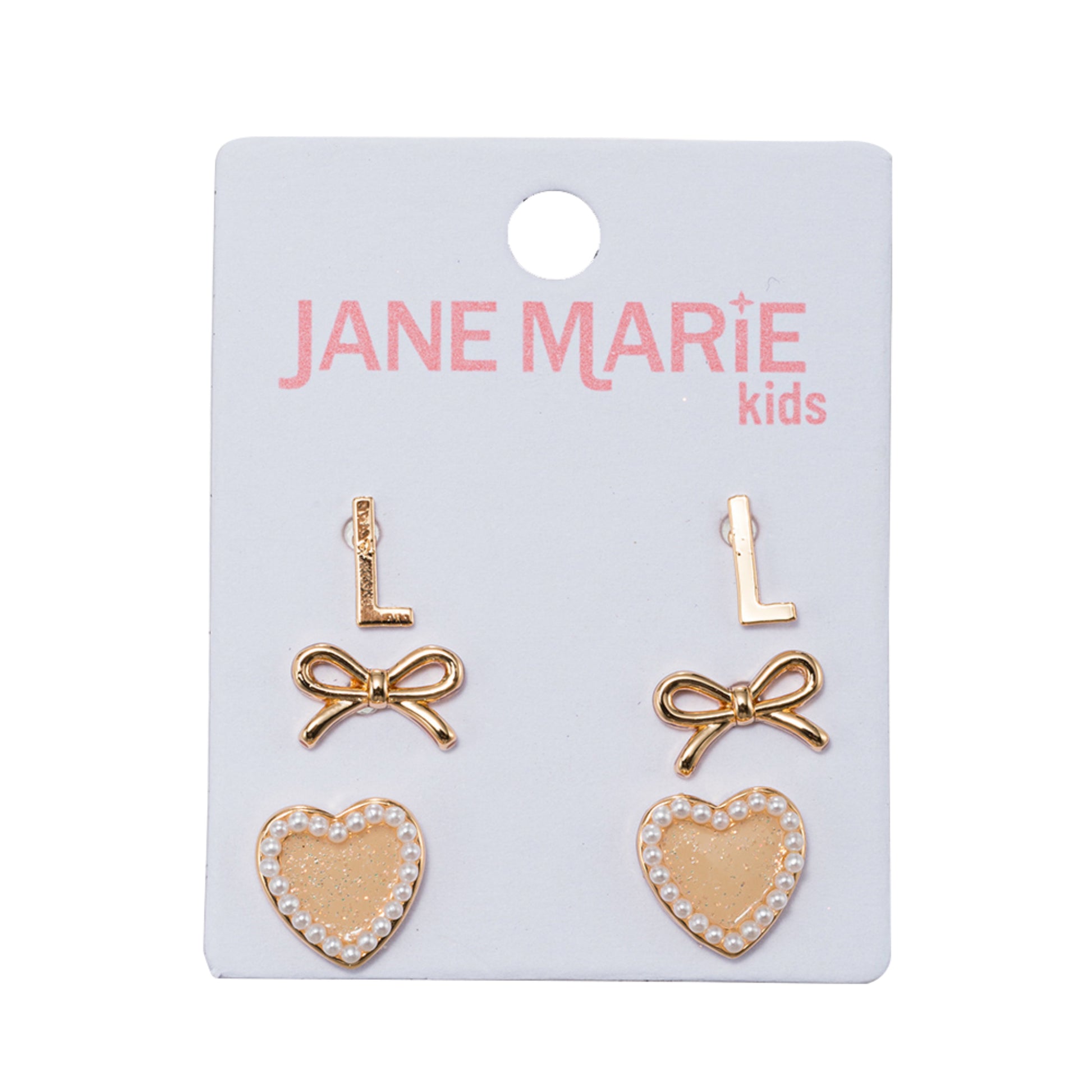 Kids Set of 3 Stud Set, Initial "L", Bow, Glitter Heart with Pearl Edges Earring