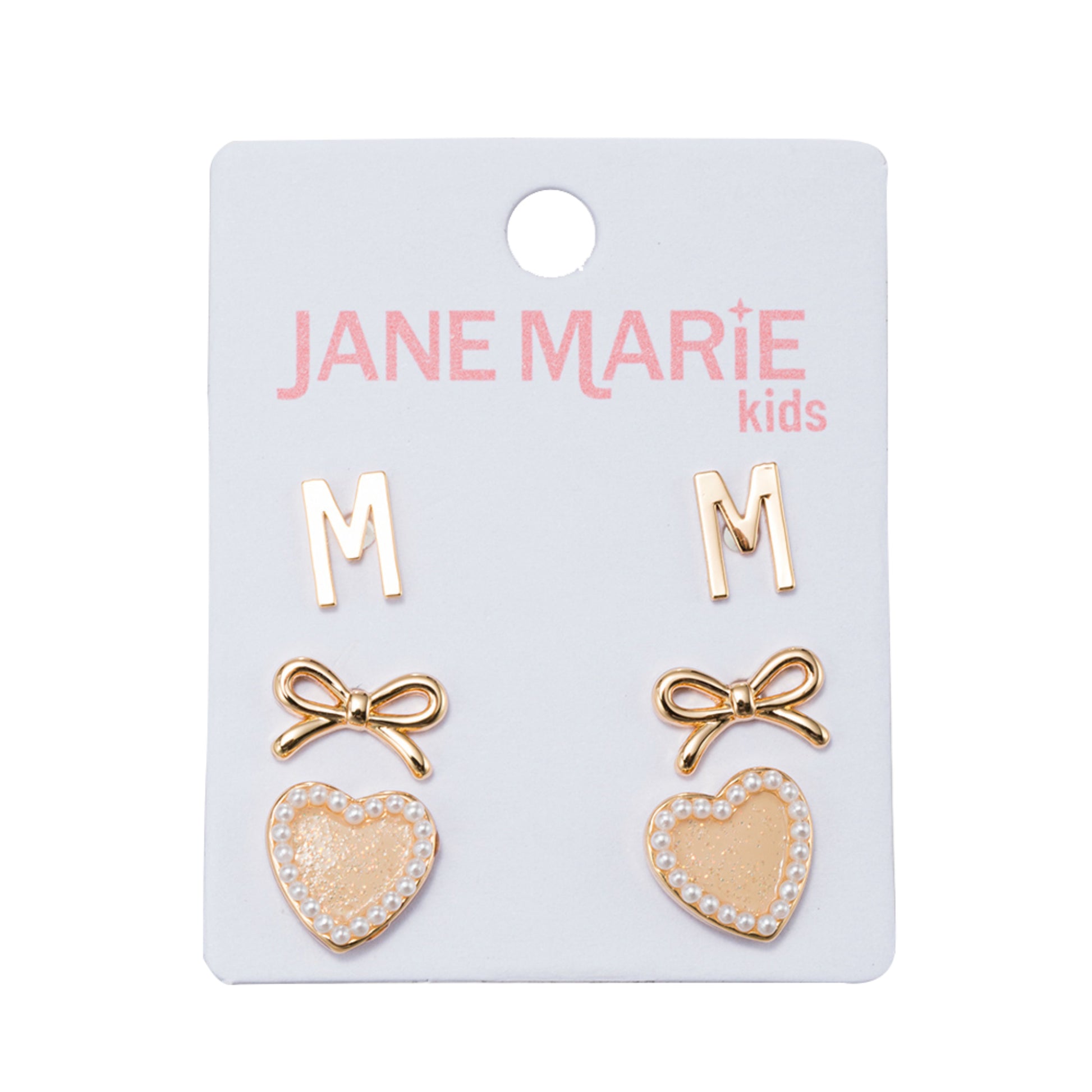 Kids Set of 3 Stud Set, Initial "M", Bow, Glitter Heart with Pearl Edges Earring