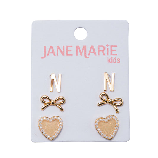 Kids Set of 3 Stud Set, Initial "N", Bow, Glitter Heart with Pearl Edges Earring