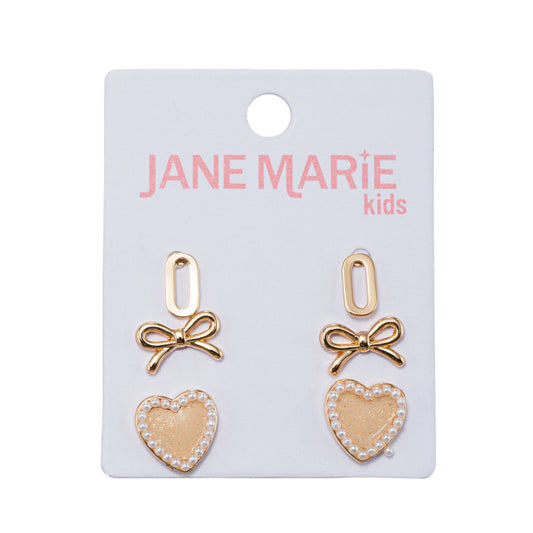 Kids Set of 3 Stud Set, Initial "O", Bow, Glitter Heart with Pearl Edges Earring