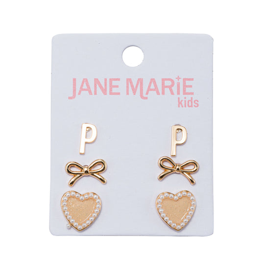 Kids Set of 3 Stud Set, Initial "P", Bow, Glitter Heart with Pearl Edges Earring