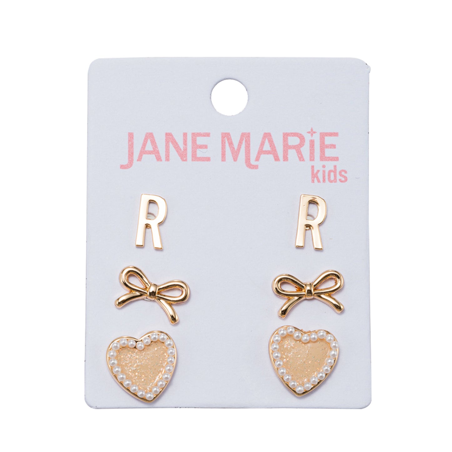 Kids Set of 3 Stud Set, Initial "R", Bow, Glitter Heart with Pearl Edges Earring