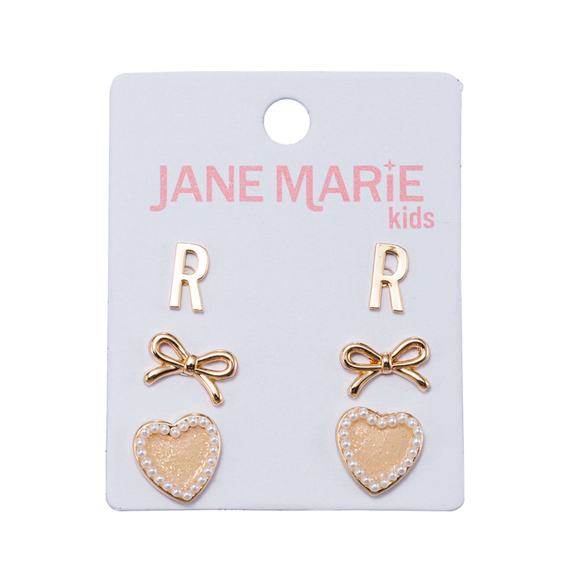 Kids Set of 3 Stud Set, Initial "R", Bow, Glitter Heart with Pearl Edges Earring