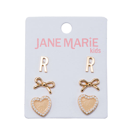 Kids Set of 3 Stud Set, Initial "R", Bow, Glitter Heart with Pearl Edges Earring