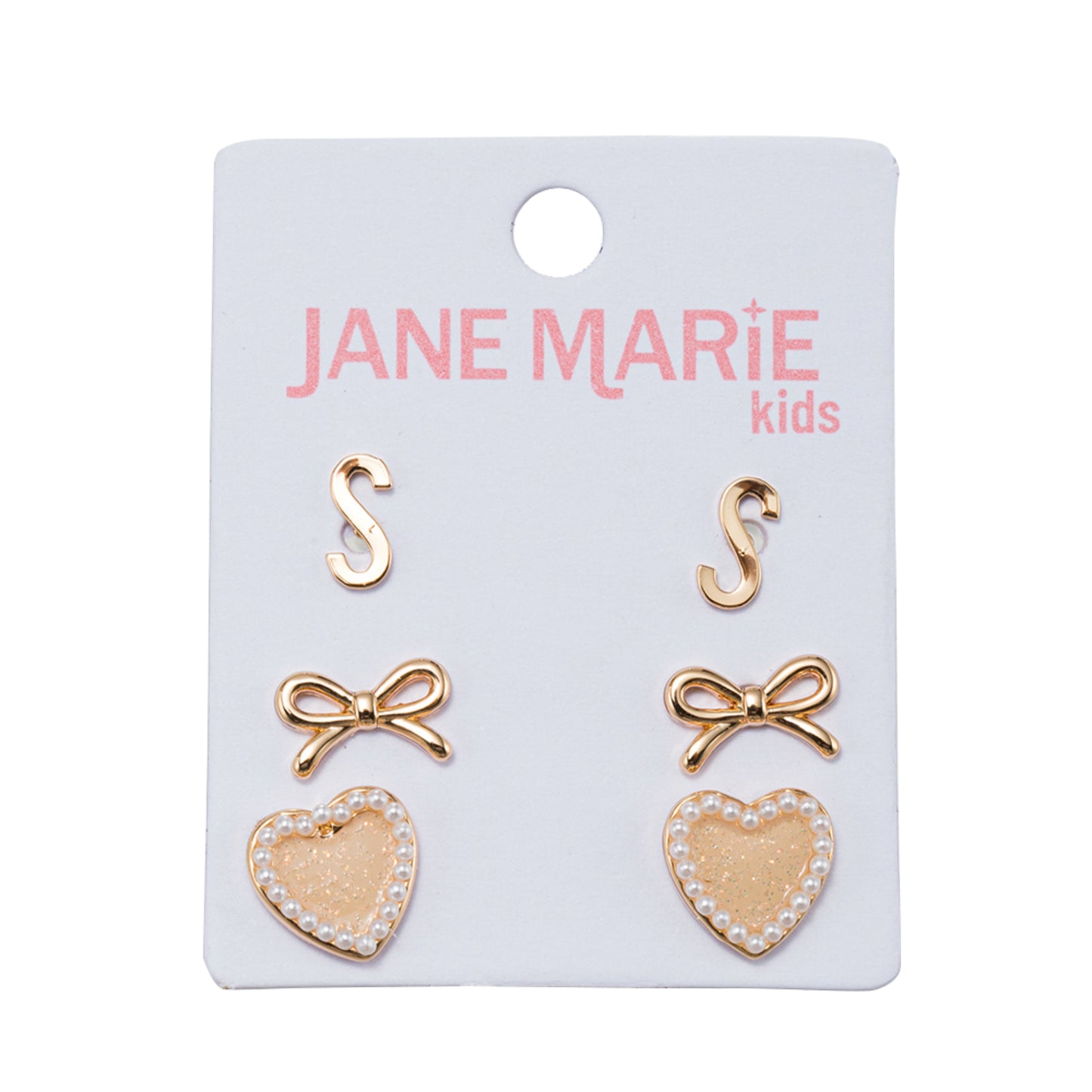 Kids Set of 3 Stud Set, Initial "S", Bow, Glitter Heart with Pearl Edges Earring