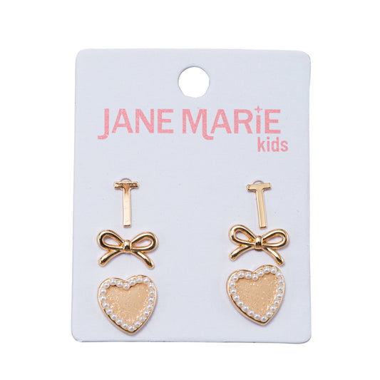 Kids Set of 3 Stud Set, Initial "T", Bow, Glitter Heart with Pearl Edges Earring