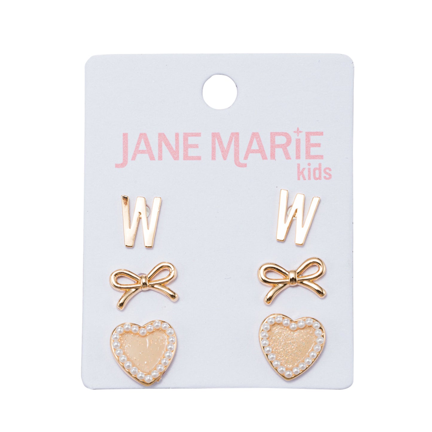 Kids Set of 3 Stud Set, Initial "W", Bow, Glitter Heart with Pearl Edges Earring