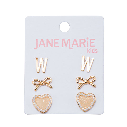 Kids Set of 3 Stud Set, Initial "W", Bow, Glitter Heart with Pearl Edges Earring