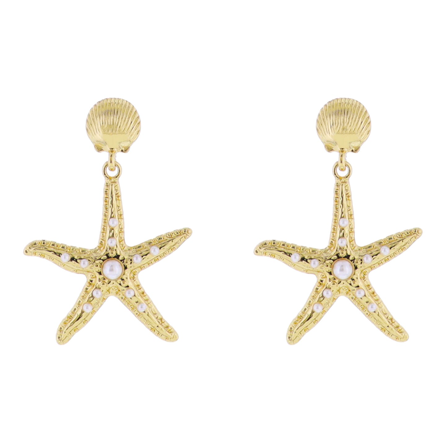 18k Gold Plated Shell Post with Gold Starfish with Pearl Accents Earring