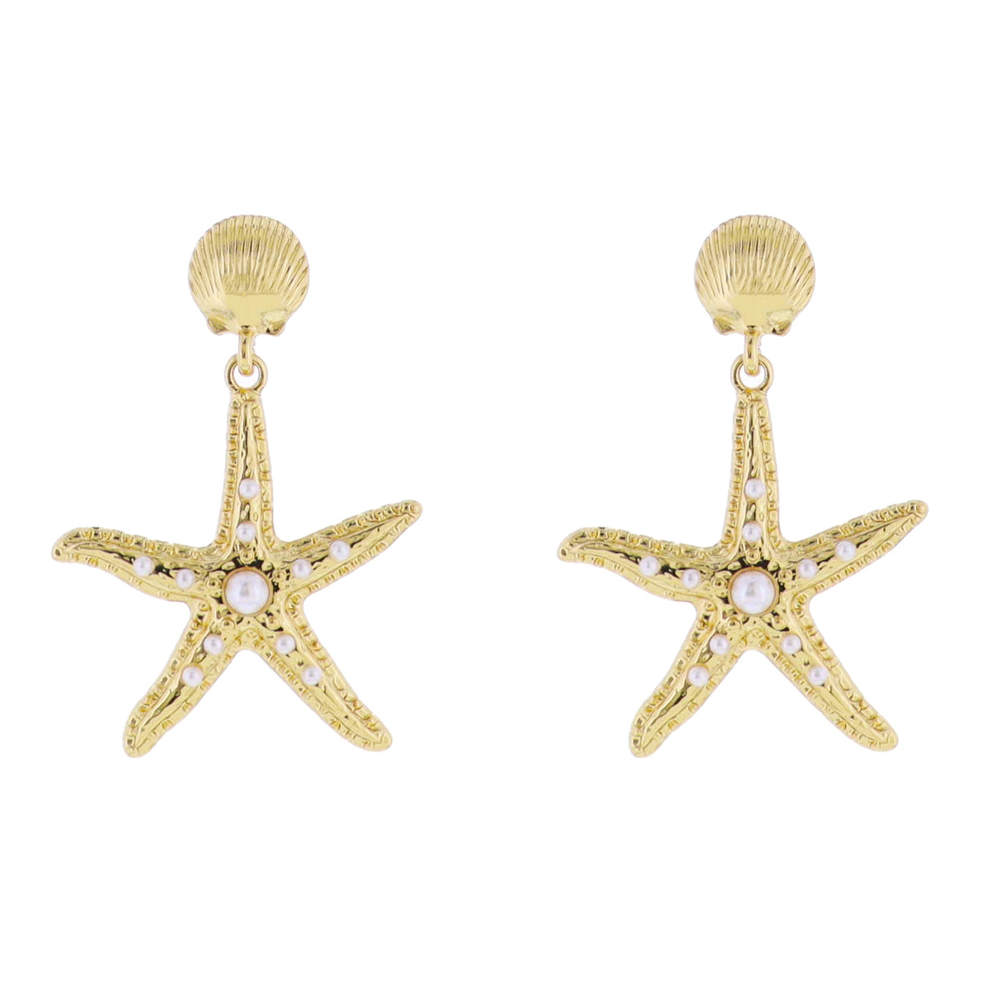 18k Gold Plated Shell Post with Gold Starfish with Pearl Accents Earring