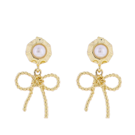 18k Gold Plated Pearl Post with Gold Twisted Rope Bow Earring