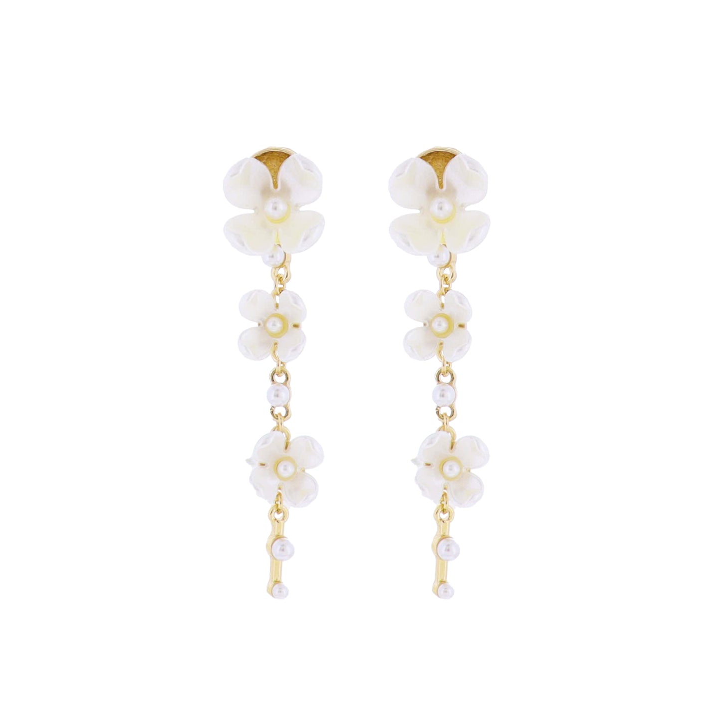 White, Pearl, Gold Falling Flowers with Pearl Bottom Bar Dangle Earring