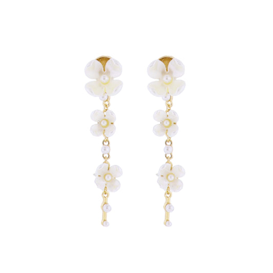 White, Pearl, Gold Falling Flowers with Pearl Bottom Bar Dangle Earring