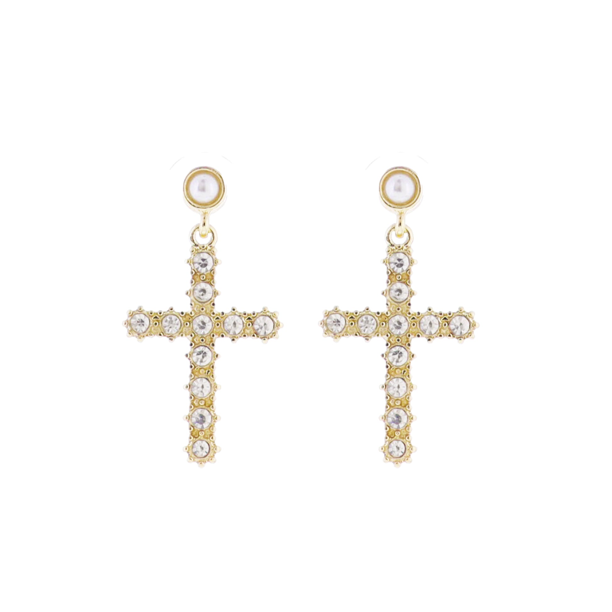 Pearl, Gold Circle Post with Clear Crystal Cross Earring