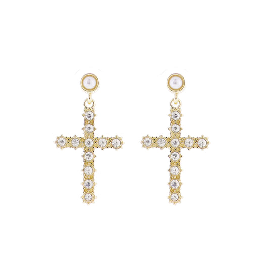 Pearl, Gold Circle Post with Clear Crystal Cross Earring