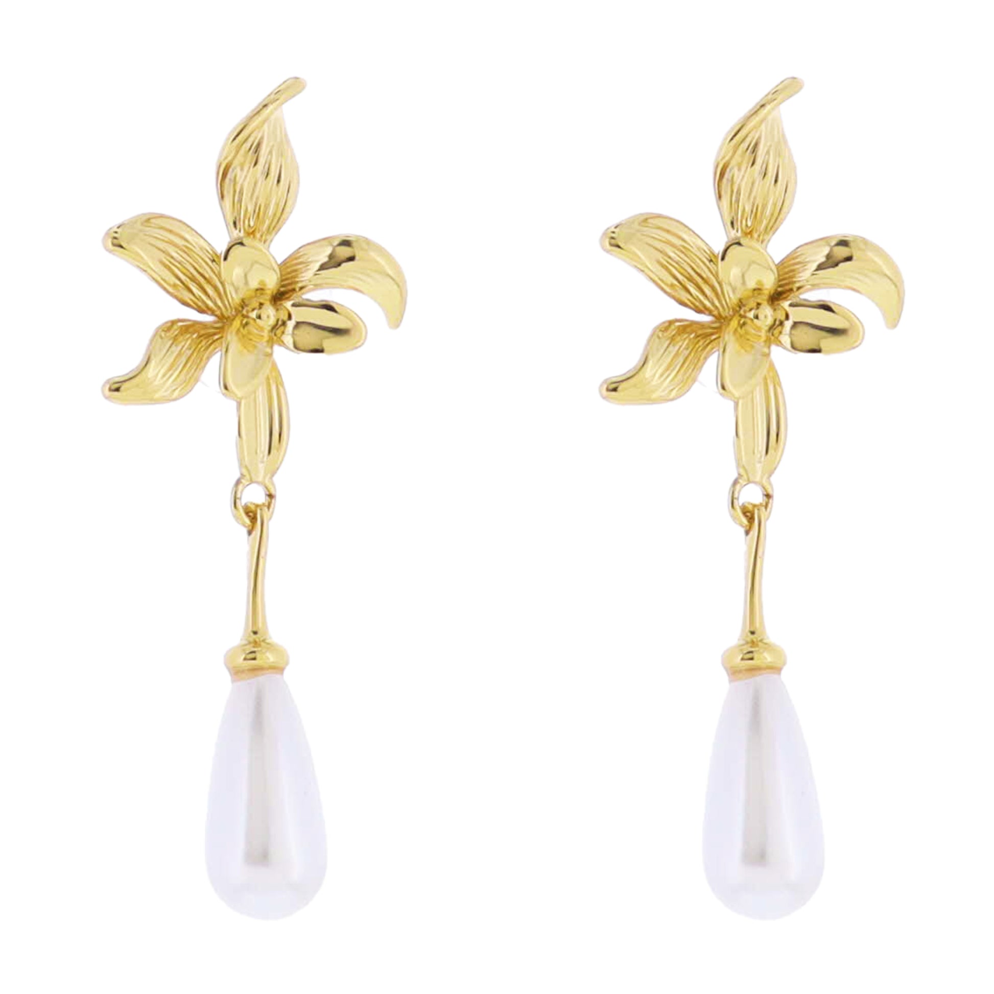 Gold Flower Post with Pearl Teardrop Earring