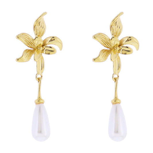 Gold Flower Post with Pearl Teardrop Earring