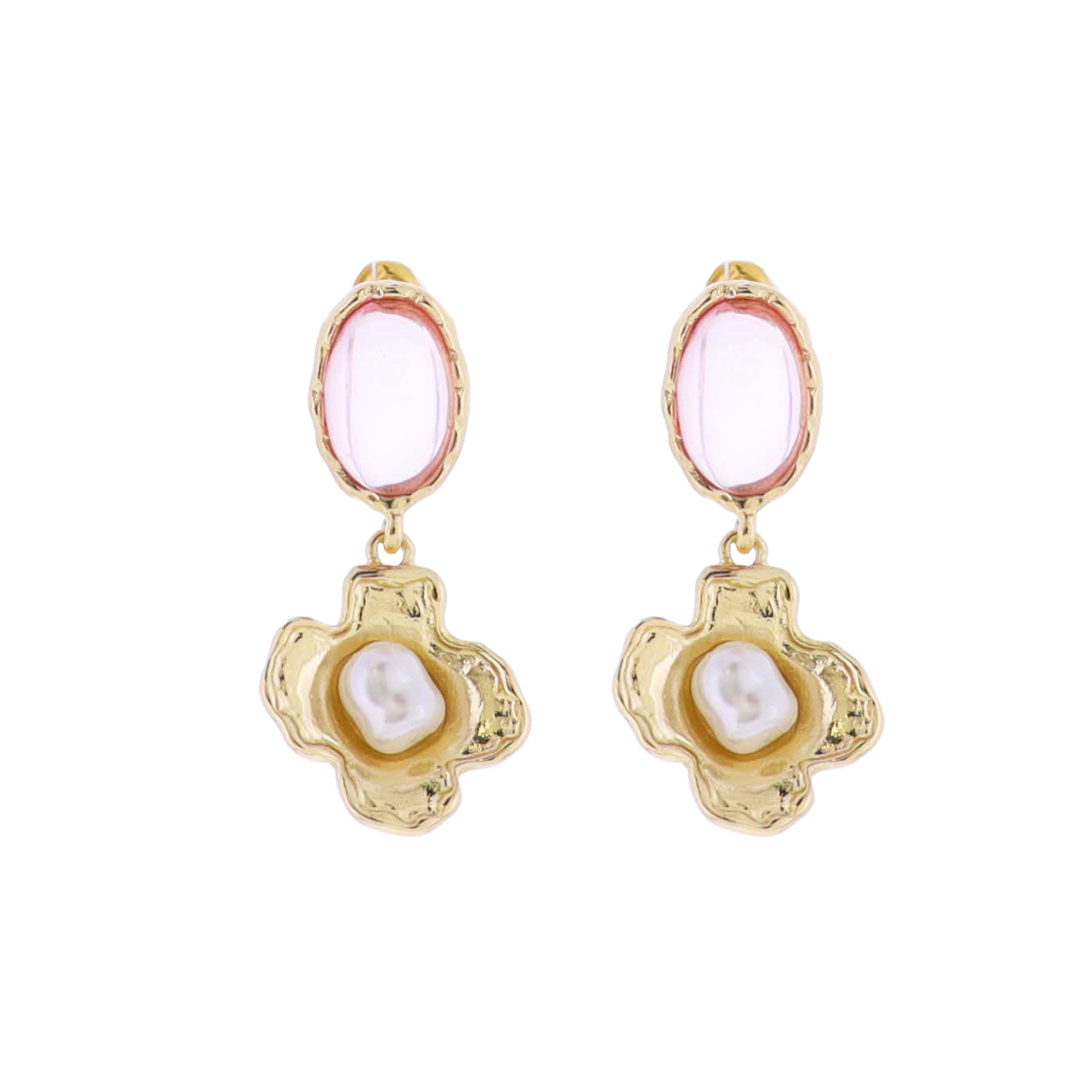 Pink, Gold Gemstone Oval Post with Gold Flower with Center Pearl Earring
