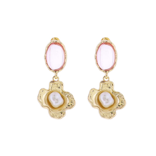 Pink, Gold Gemstone Oval Post with Gold Flower with Center Pearl Earring
