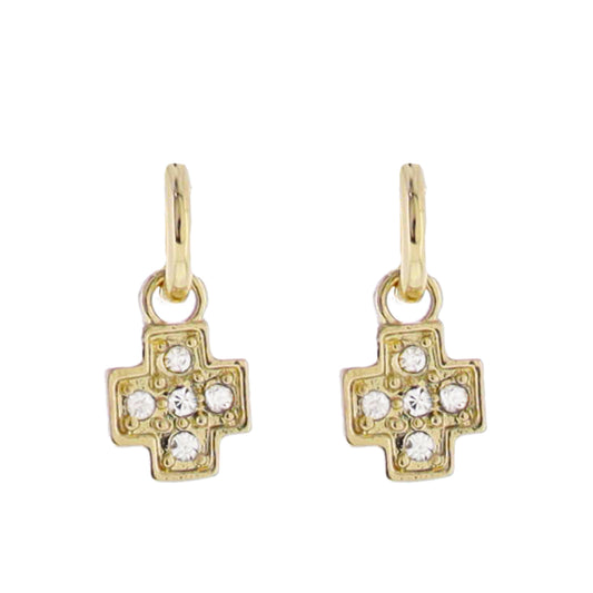 Gold Huggie Earring with Clear Crystal Cross