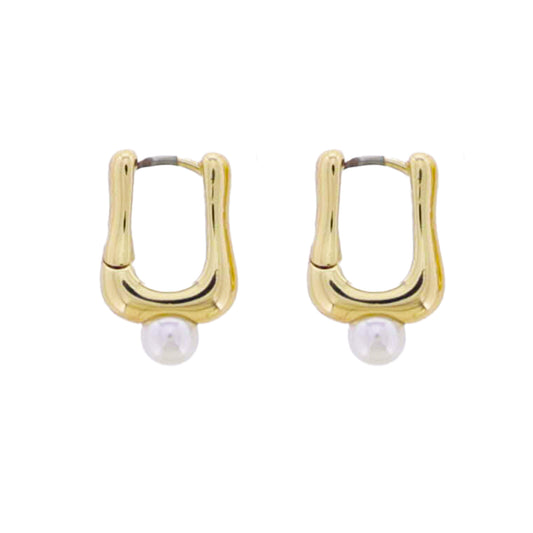 Gold Rectangle Huggie Earring with Single Pearl