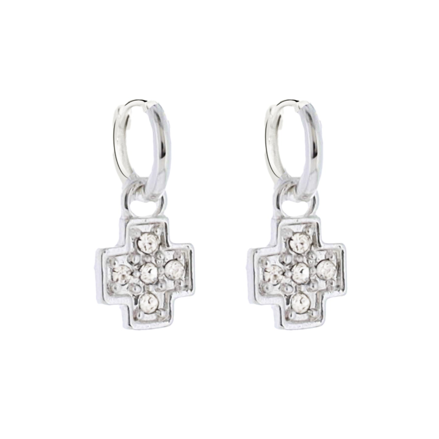 Silver Huggie Earring with Clear Crystal Cross