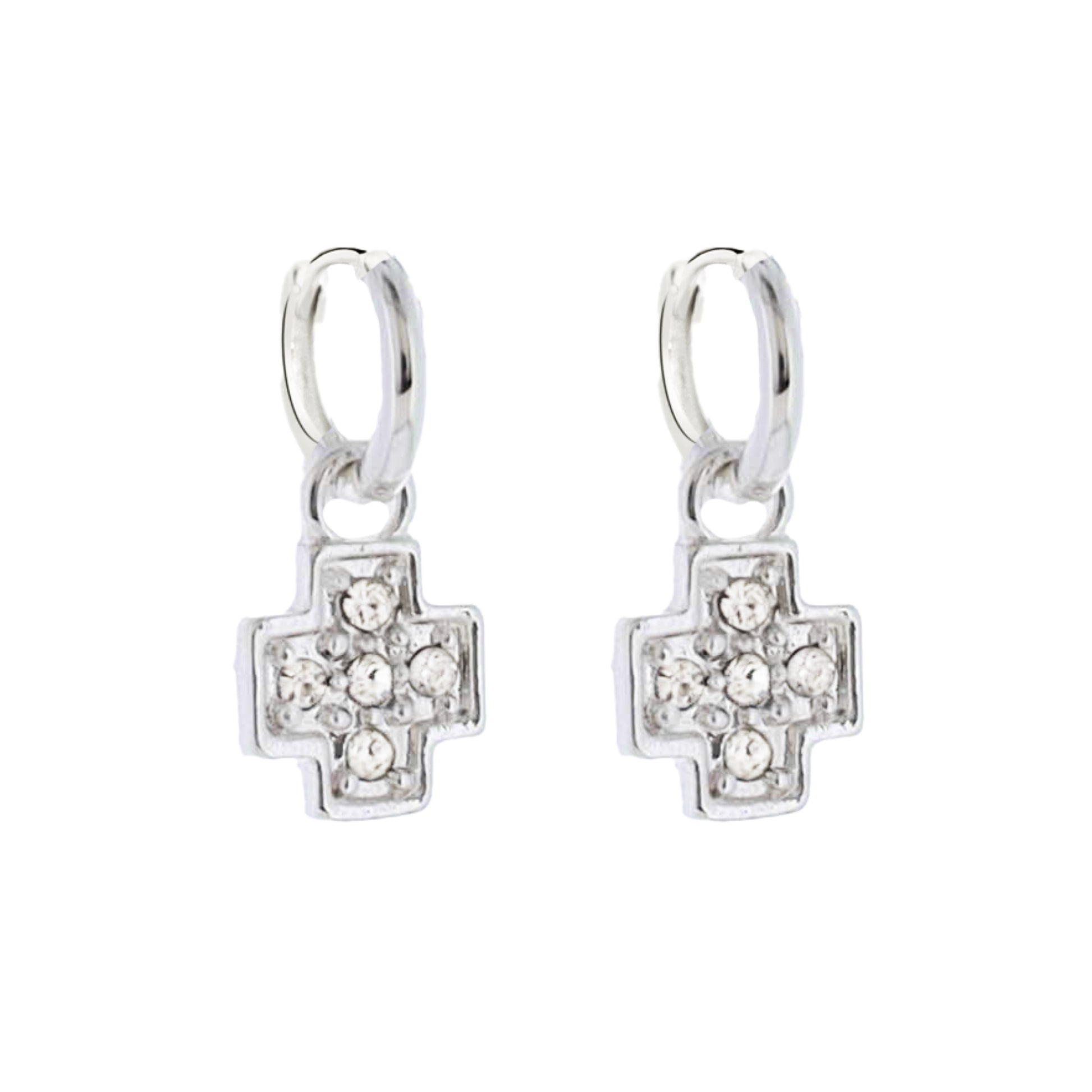 Silver Huggie Earring with Clear Crystal Cross