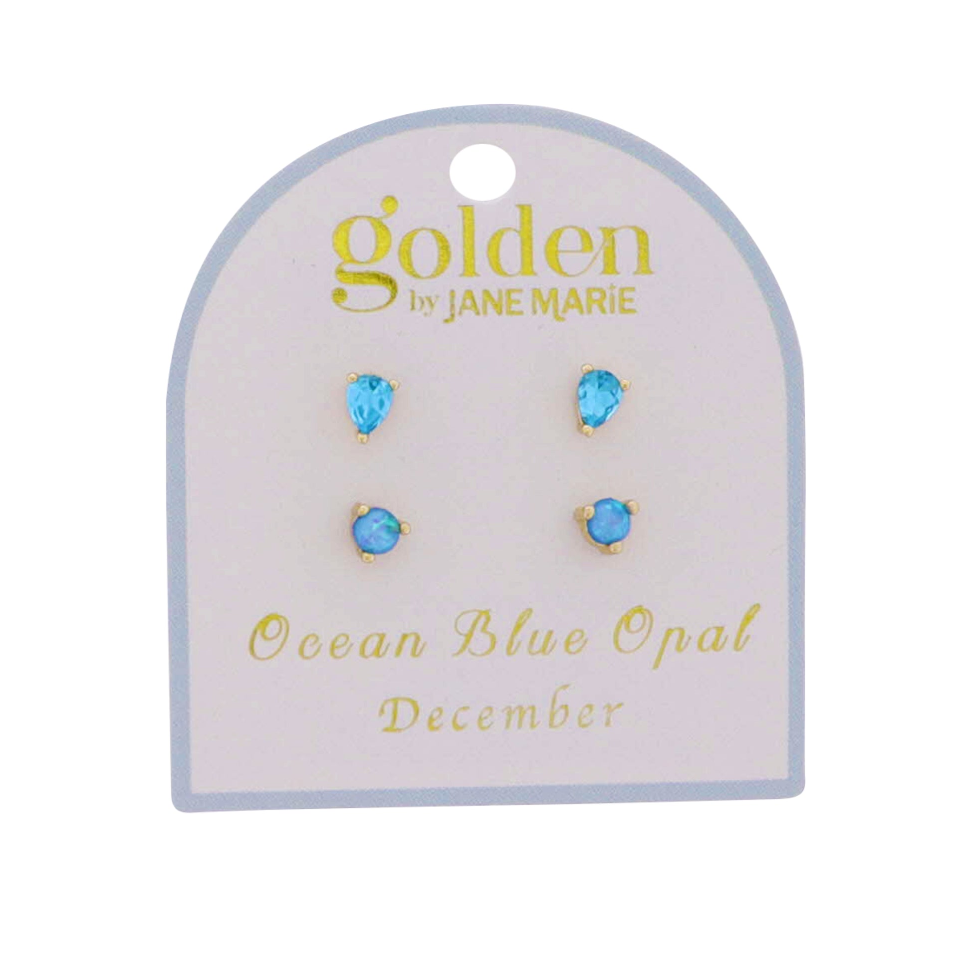 18k Gold Plated Set of 2, December Ocean Blue Opal Stud Earrings