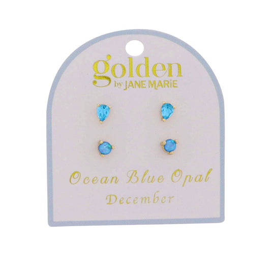 18k Gold Plated Set of 2, December Ocean Blue Opal Stud Earrings