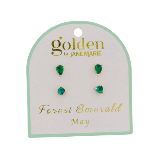 18k Gold Plated Set of 2, May Forest Emerald Stud Earrings