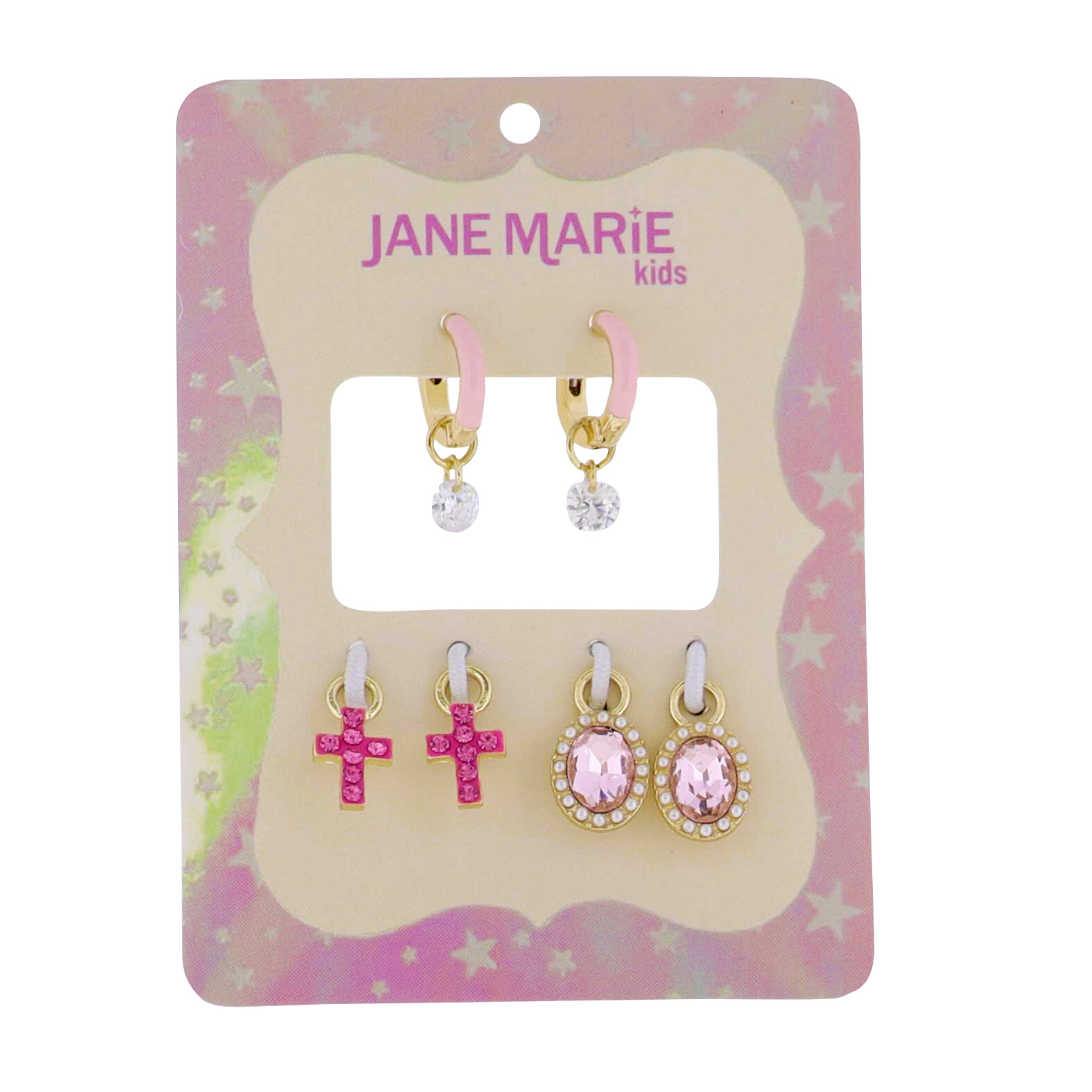 Kids Interchangeable Huggie Earring with Crystal, Pink Cross, Pink Crystal with Pearl Edges