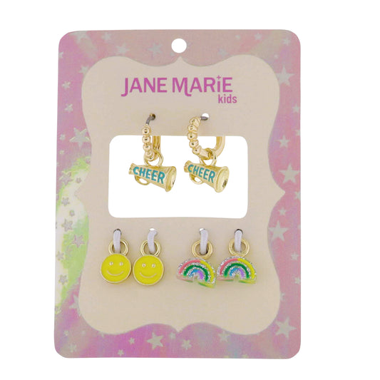 Kids Interchangeable Huggie Earring with "Cheer" Megaphone, Happy Face, Rainbow