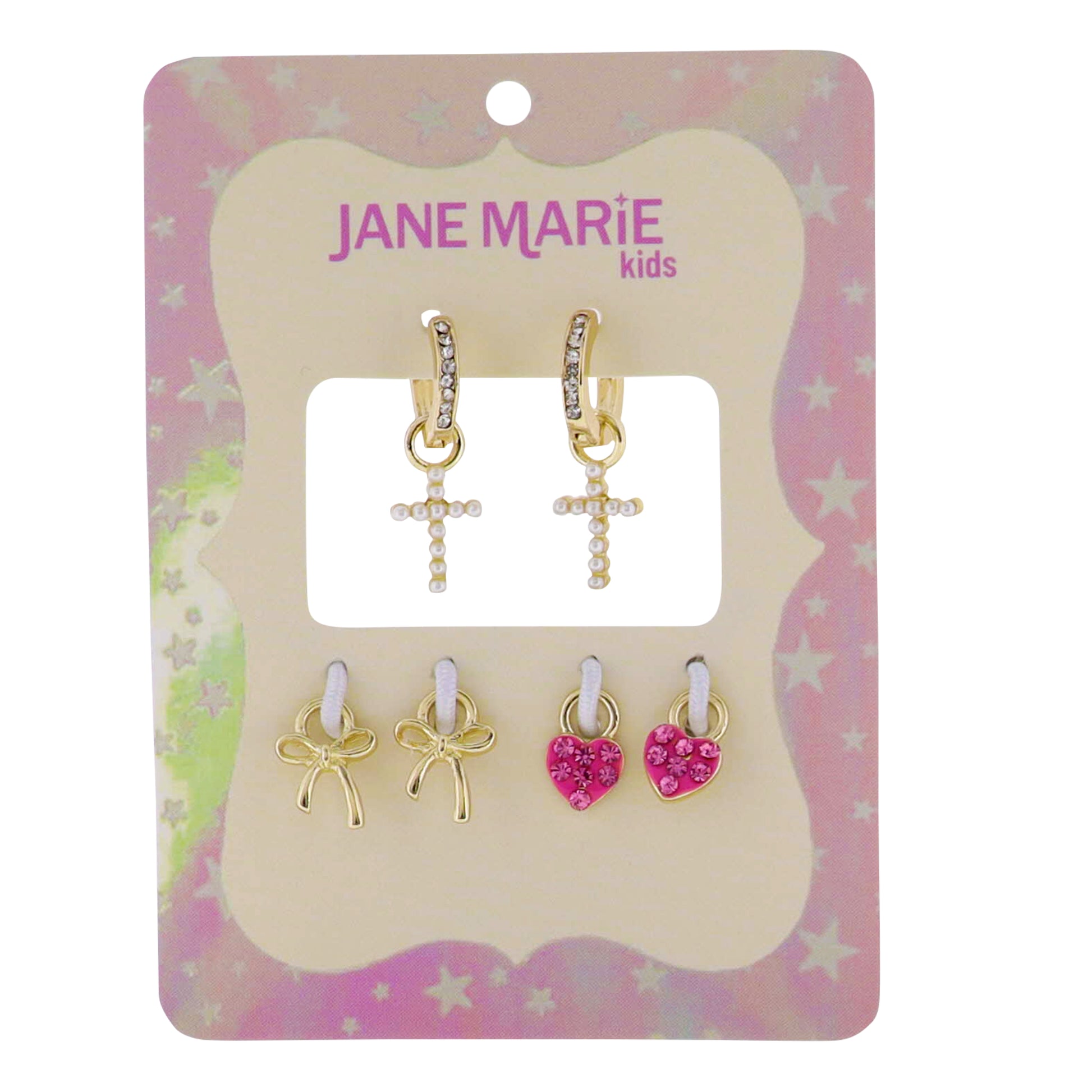 Kids Interchangeable Huggie Earring with Pearl Cross, Gold Bow, Pink Heart
