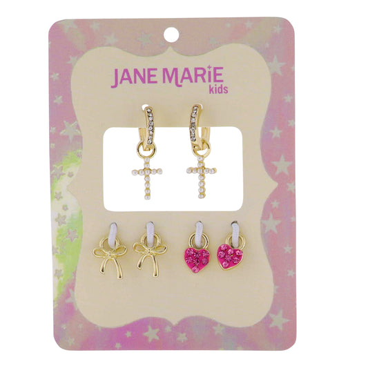 Kids Interchangeable Huggie Earring with Pearl Cross, Gold Bow, Pink Heart