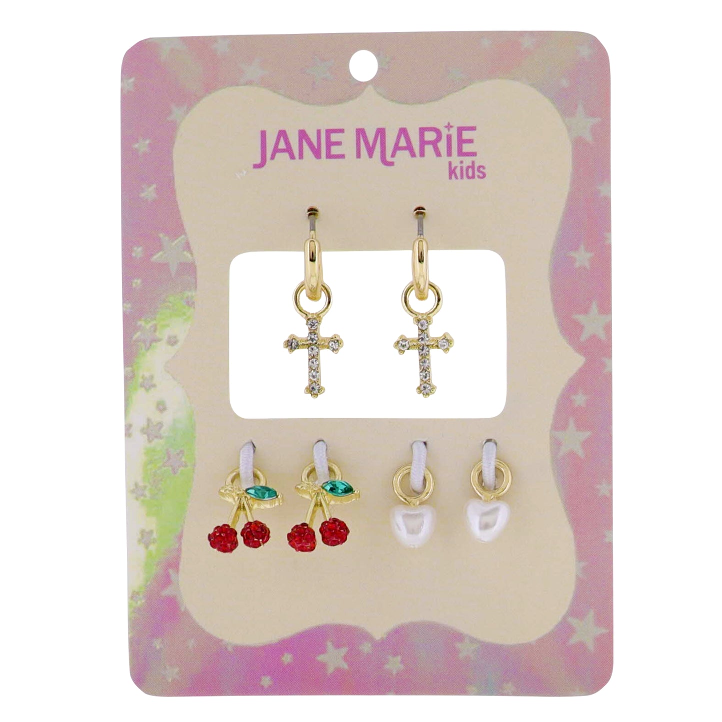 Kids Interchangeable Huggie Earring with Crystal Cross, Cherries, Pearl Heart