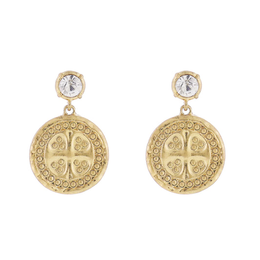 Crystal Post Earring with Gold Coin with Cross