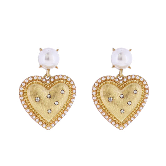 Pearl Post Earring with Gold Heart with Pearl Edges