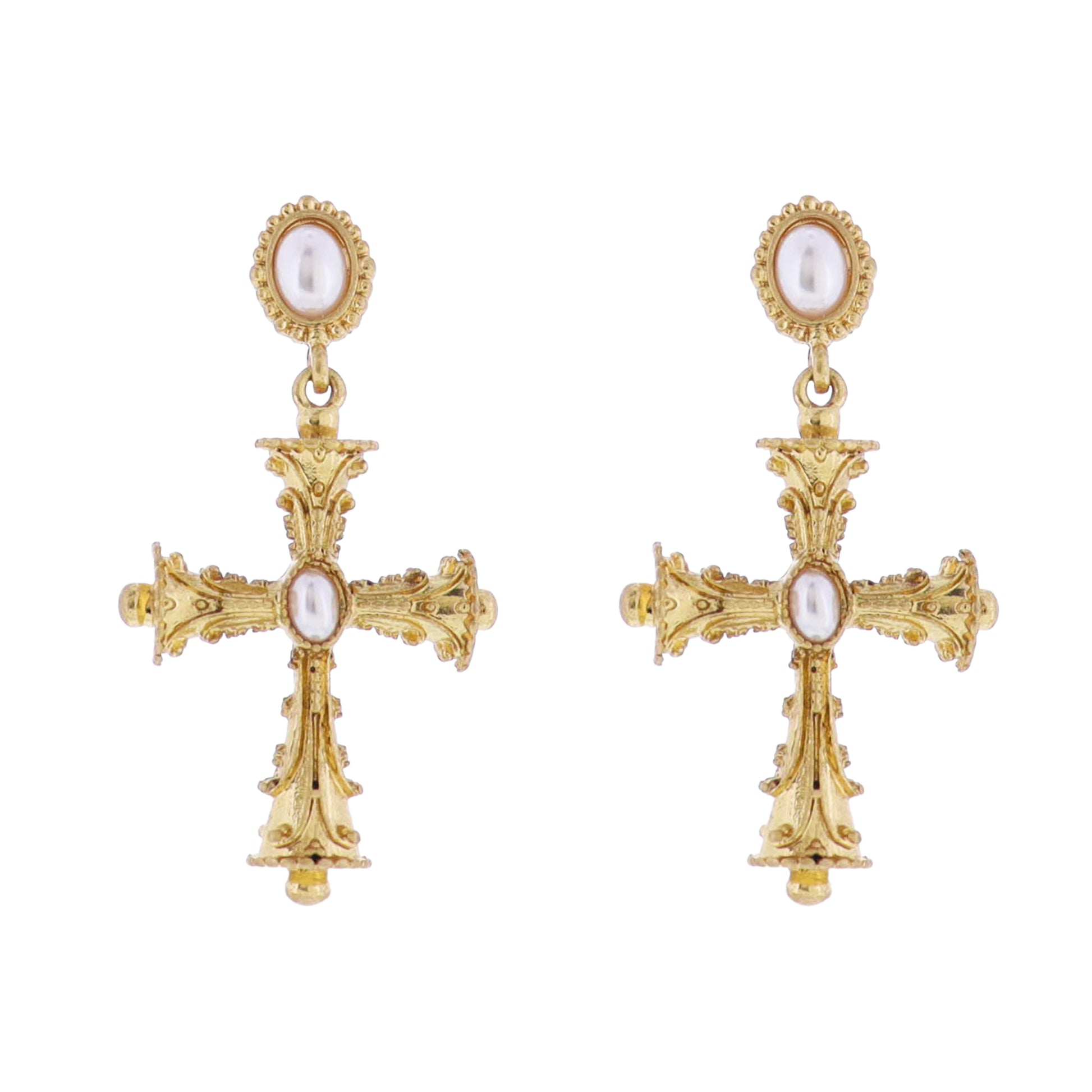 Artisan Pearl Post Earring with Gold Decorative Cross with Pearl Center