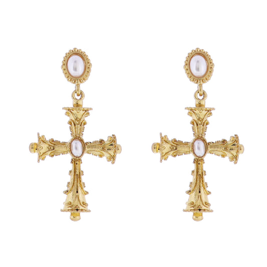 Artisan Pearl Post Earring with Gold Decorative Cross with Pearl Center