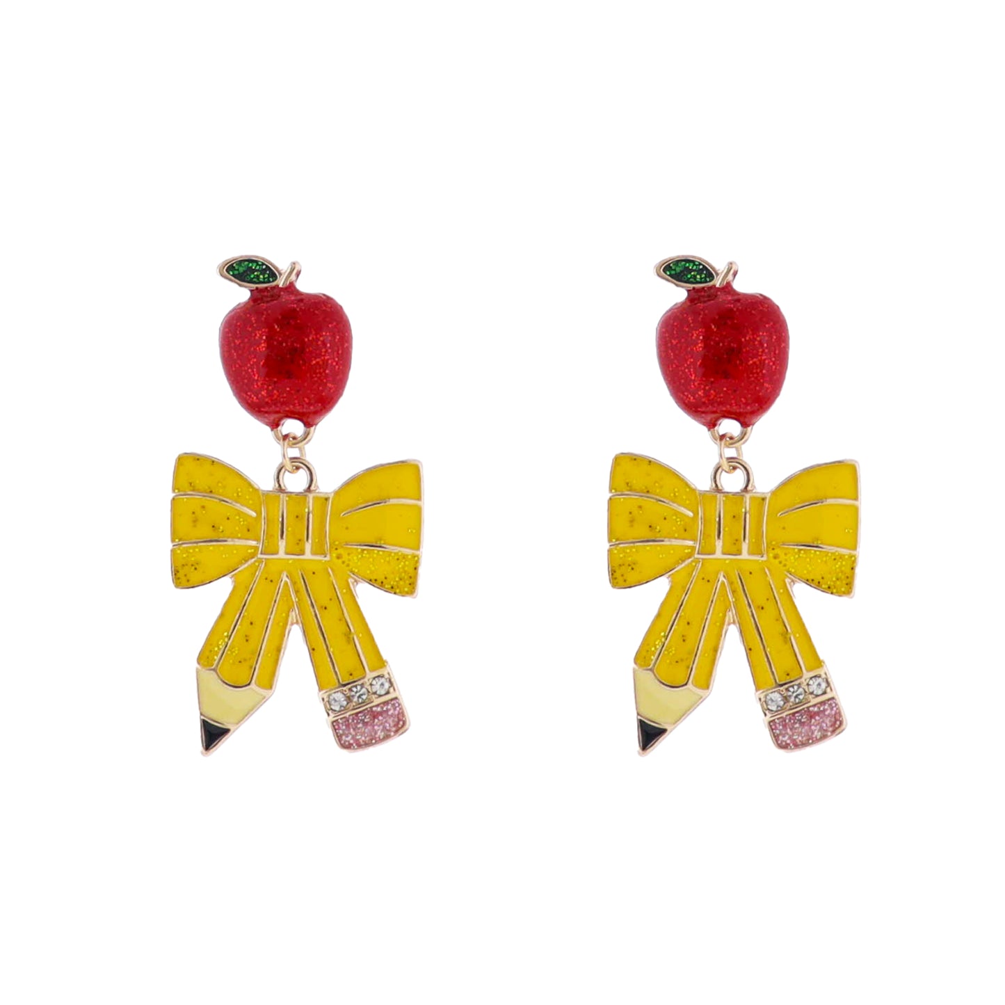 Apple Post Earring with Yellow Pencil Bow