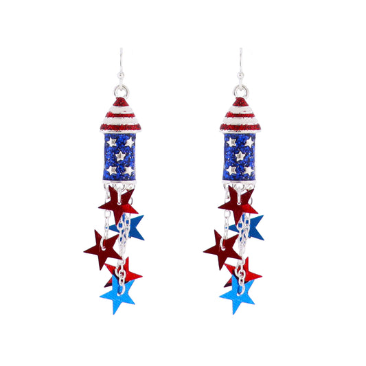 Red, White, Blue, Silver Enamel Firework Earring with Metallic Star Dangles